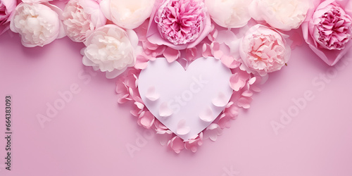 pink and white paper decorations for baby shower party. it's a girl. flat lay, top Nature valentine love flower wedding card rose background pink heart day, generative AI