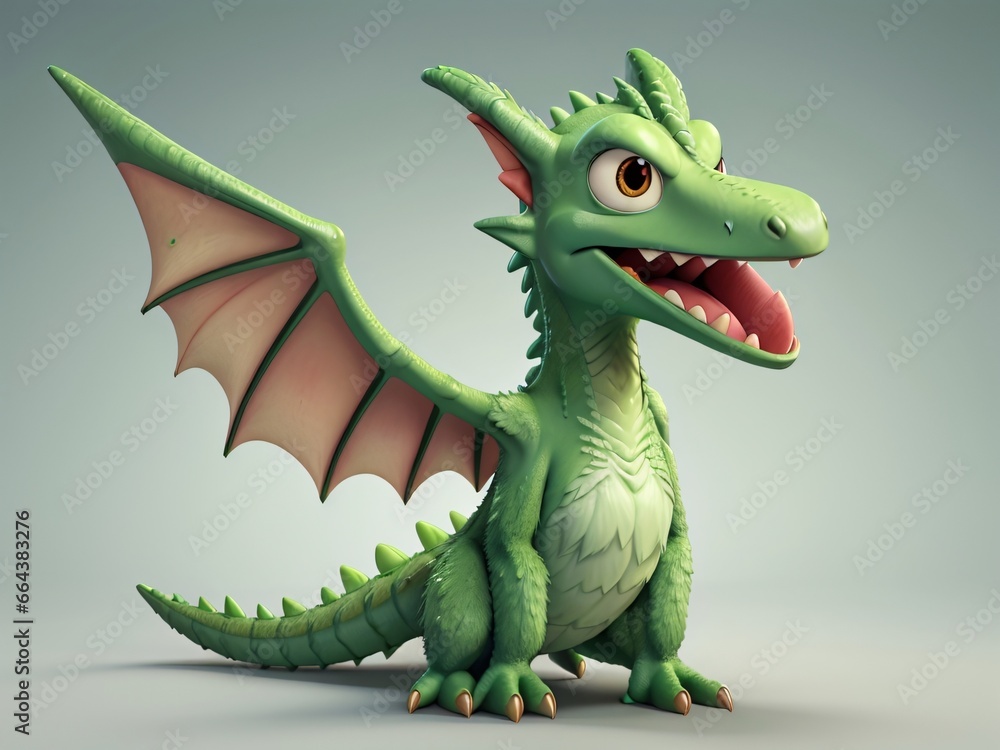 Fototapeta premium Cute and funny green furry prehistoric monster on a green background. Generative Ai.