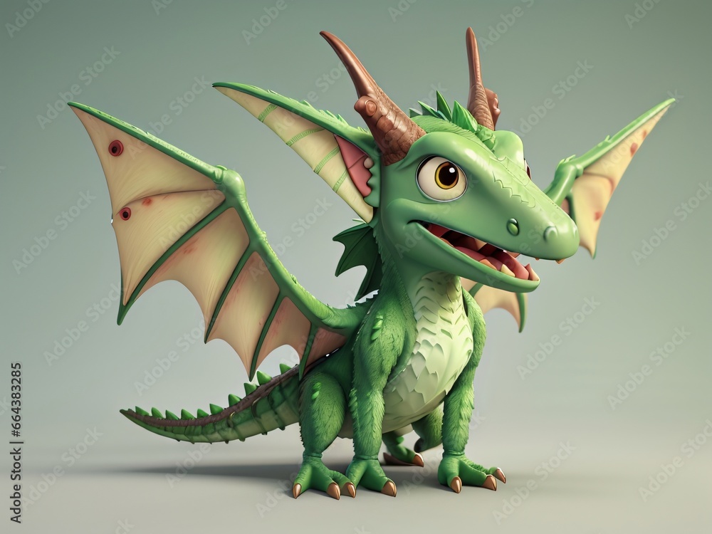 Fototapeta premium Cute and funny green furry prehistoric monster on a green background. Generative Ai.