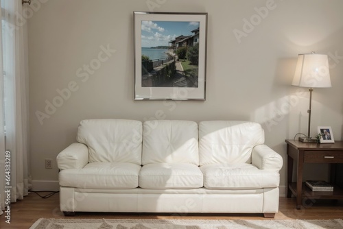 luxury livingroom interior design mockup with white leather furniture and picture frame in a wall. 
