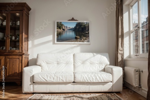 luxury livingroom interior design mockup with white leather furniture and picture frame in a wall. 
