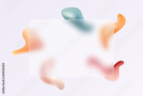 Glass morphism effect with translucent rectangular card or frame on a colorful gradient of liquid rounded shapes.