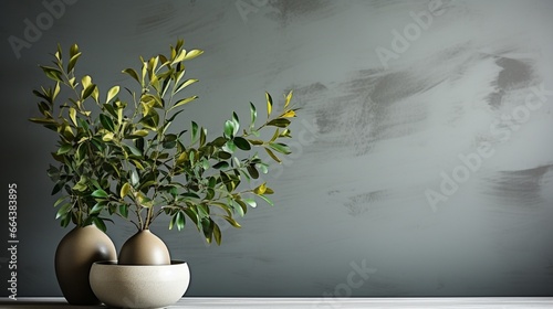 Interior background of a room with a gray stucco wall and a pot with a plant