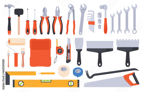 Tools for repair and construction. A set of professional hand tools for home repair. Equipment for self-repair at home. Vector illustration