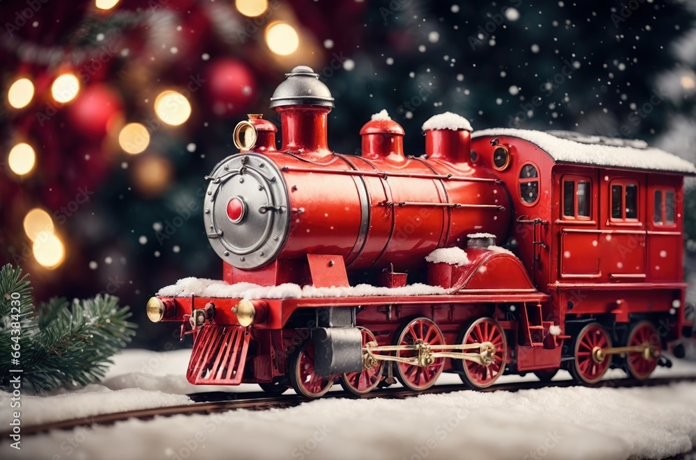 Сhristmas red retro fairy locomotive on railroad in holiday postcard style with snowflakes. Merry christmas and happy new year concept. AI generated Сhristmas red retro fairy locomotive on railroad in holiday postcard style with snowflakes. Merry christmas and happy new year concept. AI generated