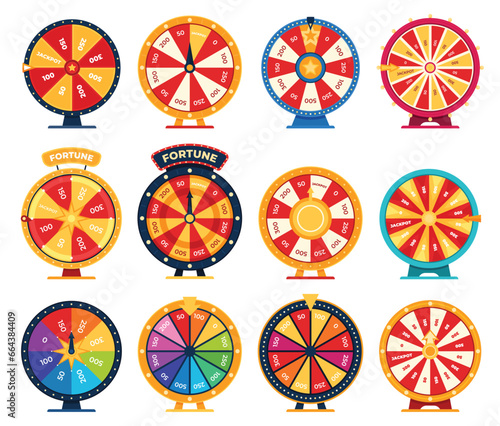 Wheel of fortune. A game of chance with various prizes. Casino gambling. The probability of winning on the wheel of fortune. Valuable prizes. Vector illustration