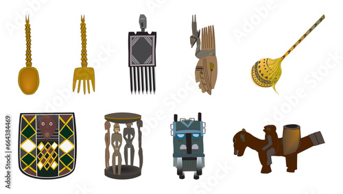 Tools or toys used in Home or daily Artwork etc in African style mix Ancient compendium vector illustrations - editable best art design for multipurpose use in high definition format
