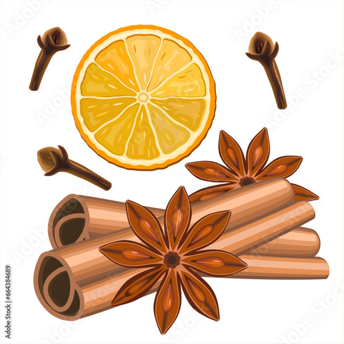 Realistic spices for Christmas mulled wine. Dried cloves and black peppercorns. Christmas scent cinnamon, oranges and anise spices set isolated on white background. Vector illustration EPS 10