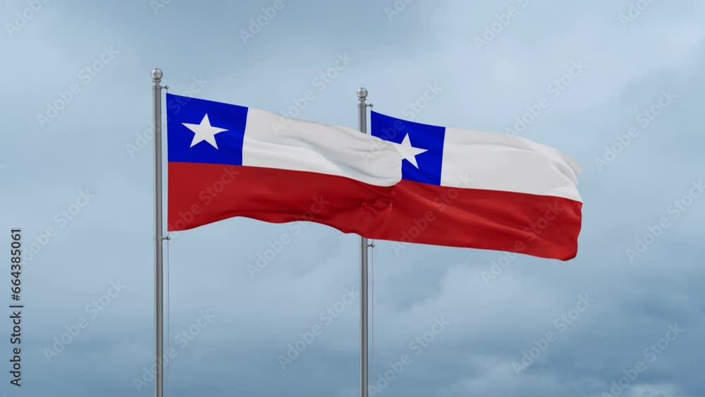 Two Chile flags waving together on cloudy sky, endless seamless loop, two country relations concept Two Chile flags waving together on cloudy sky, endless seamless loop, two country relations concept