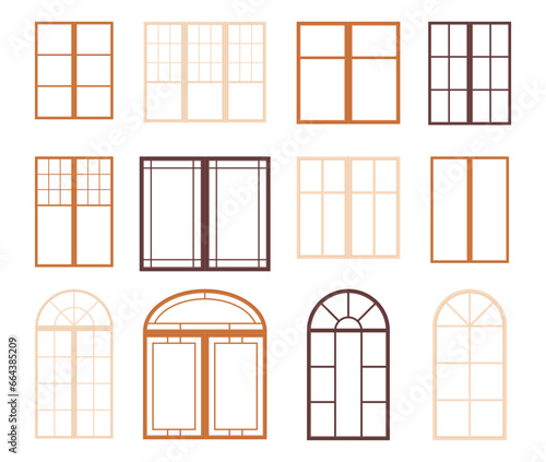 A set of window frames of different sizes and types. Elements of the interior of the room. Vector illustration