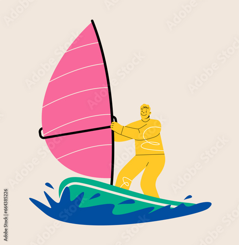 Man surfer windsurfing, standing on surfboard. Colorful vector illustration