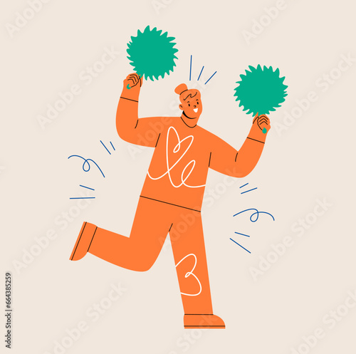 Woman with pom poms in her hands supporter cheering for a sport team. Colorful vector illustration