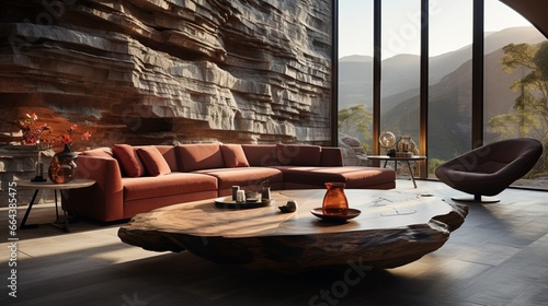 Interior design of a modern living room with a live-edge coffee table near a terracotta curved sofa and two chairs against a marble stone wall