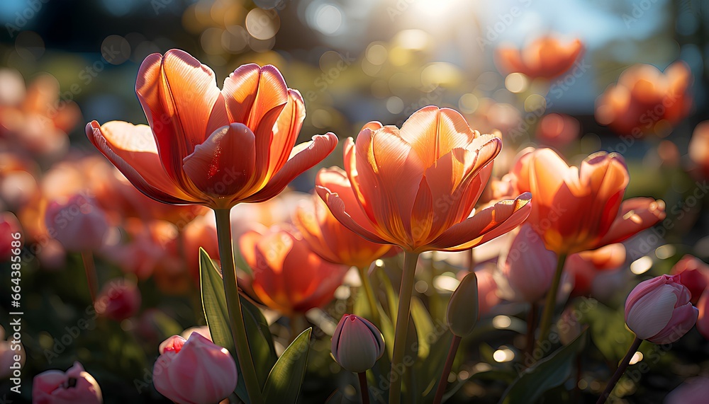 Tulips in the spring. Orange tulip. Pink tulip. Yellow tulip. Tulip field in spring time. Colourful tulips. Colourful tulip field. Flowers. Spring. Nature