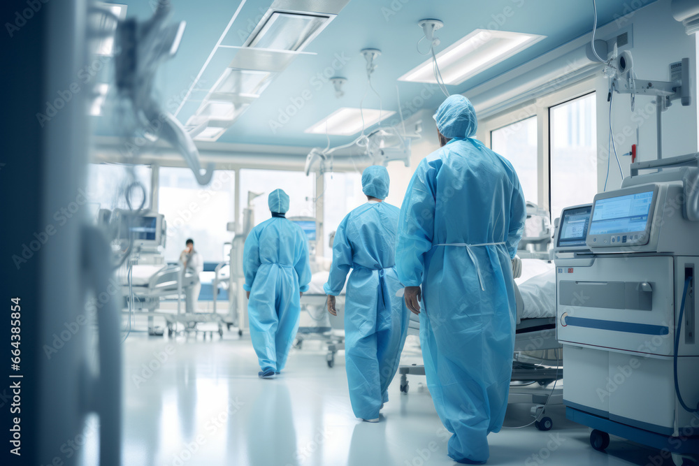 Obraz premium General view of a medical ward in a hospital. Doctors and healthcare workers in personal protective equipment take care of patients, fight infection during a pandemic, using modern medical equipment.