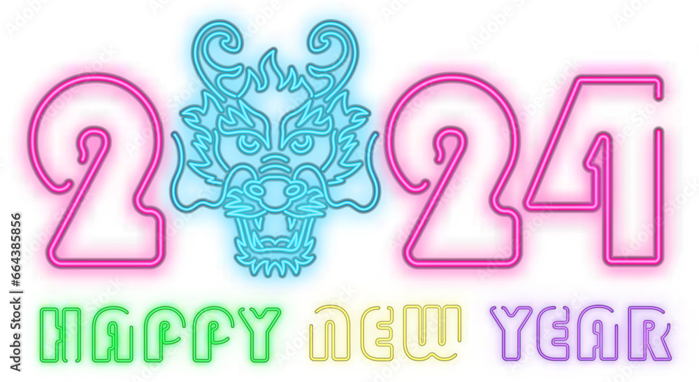 Neon light effect typography text of Happy New Year and Chinese dragon