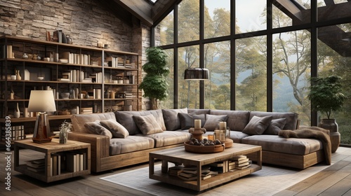 Interior design of a modern living room with rustic furniture in a farmhouse