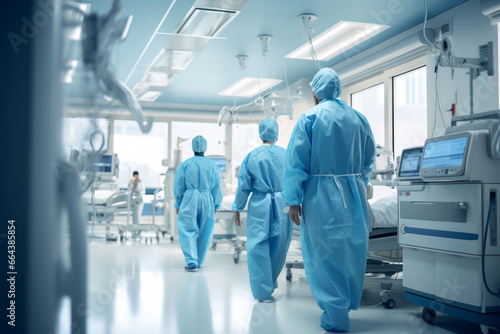 General view of a medical ward in a hospital. Doctors and healthcare workers in personal protective equipment take care of patients, fight infection during a pandemic, using modern medical equipment.