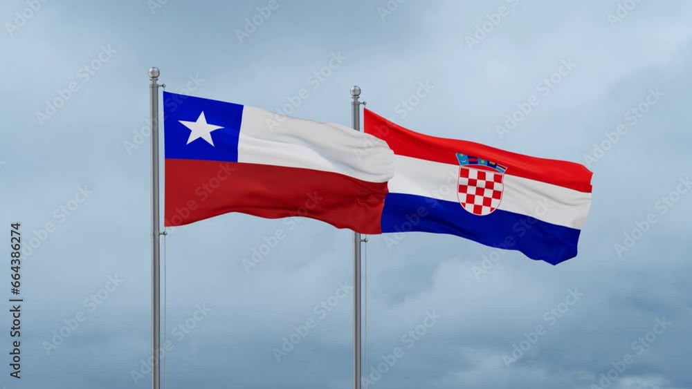 Croatia and Chile flag waving together on cloudy sky, endless seamless loop, two country cooperation concept Croatia and Chile flag waving together on cloudy sky, endless seamless loop, two country cooperation concept