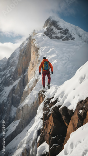 photo of a man climbing a cliff, behind a high snowy mountain