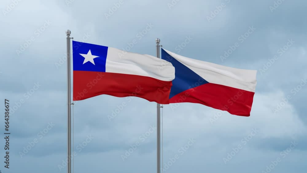 Czech Republic flag and Chile flag waving together on cloudy sky, endless seamless loop, two country relations concept Czech Republic flag and Chile flag waving together on cloudy sky, endless seamless loop, two country relations concept