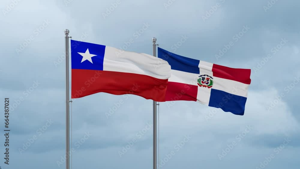 Dominican Republic flag and Chile flag waving together on cloudy sky, endless seamless loop, two country relations concept Dominican Republic flag and Chile flag waving together on cloudy sky, endless seamless loop, two country relations concept