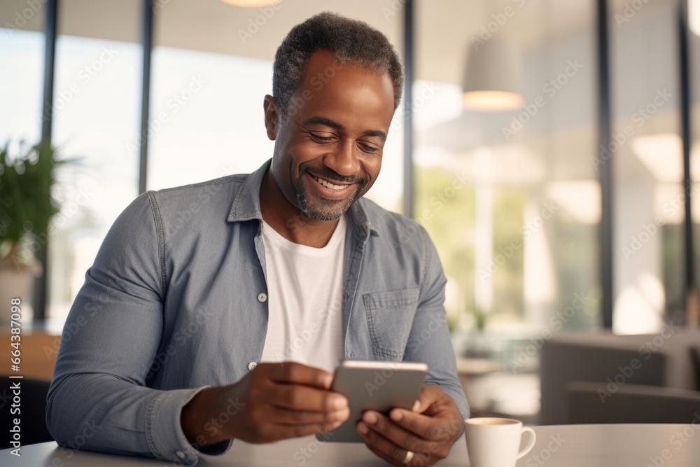 Portrait of cheerful African American businessman in casual clothes with smartphone and cup of coffee. Happy smiling mature man, successful entrepreneur or employee working in office or coworking cafe Portrait of cheerful African American businessman in casual clothes with smartphone and cup of coffee. Happy smiling mature man, successful entrepreneur or employee working in office or coworking cafe