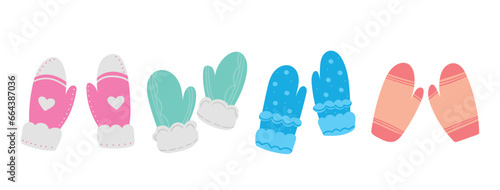 Warm winter mittens set. Cute hand drawn elements for winter design. Woolen or knitted mittens for cold frosty weather isolated on white background. Set of different knitted mittens.