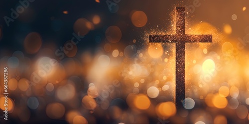 Canvas Print Beautiful gold bokeh background with a christian cross