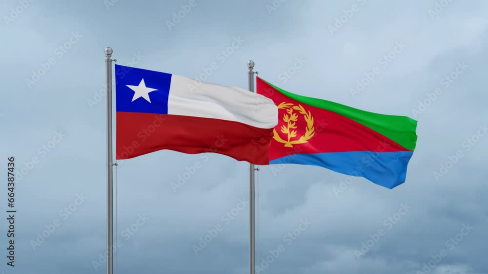 Eritrea and Chile flag waving together on cloudy sky, endless seamless loop, two country cooperation concept Eritrea and Chile flag waving together on cloudy sky, endless seamless loop, two country cooperation concept