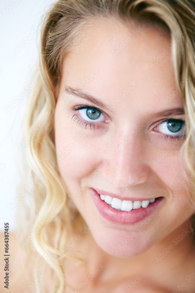Portrait, happy and natural beauty of woman for dermatology, cosmetic and spa treatment. Face, smile of blonde girl and skincare, aesthetic or facial health, wellness and isolated on white background Portrait, happy and natural beauty of woman for dermatology, cosmetic and spa treatment. Face, smile of blonde girl and skincare, aesthetic or facial health, wellness and isolated on white background
