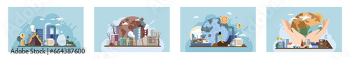Industrial pollution. Dirty waste. Environmental pollution. Vector illustration. Factory emitting smoke is common sight near industrial zones Toxic waste chemicals are being dumped into rivers