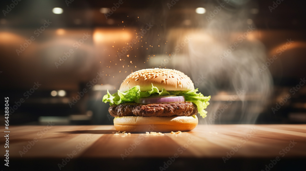 Fresh tasty burger on dark background. Copy space. Top view. AI Generative - obrazy, fototapety, plakaty 
