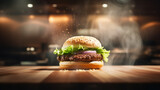 Fresh tasty burger on dark background. Copy space. Top view. AI Generative