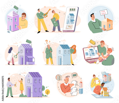 Buying and choosing housing. Vector illustration The house became cozy home for family The property had spacious backyard The real estate agent helped secure mortgage for purchase The apartment