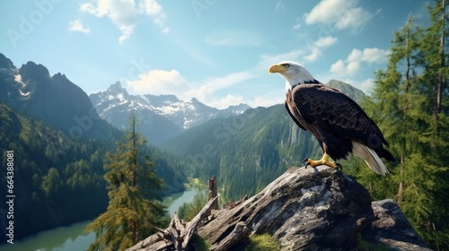 A Bald eagle in its natural habitat, perched on a rocky cliff overlooking a pristine, untouched wilderness. © Anmol