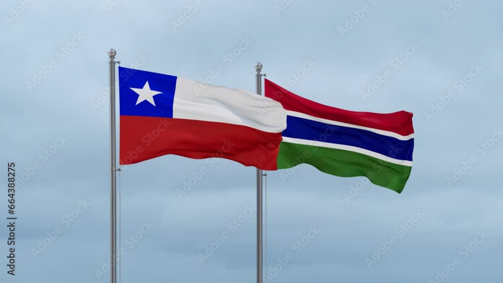 Gambia flag and Chile flag waving together on cloudy sky, endless seamless loop, two country relations concept Gambia flag and Chile flag waving together on cloudy sky, endless seamless loop, two country relations concept