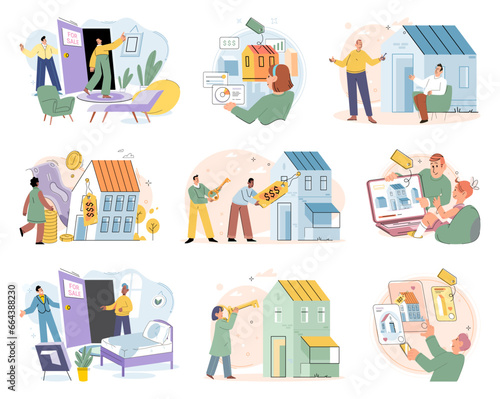Real estate search. Vector illustration Investing in house through buying offered long-term stability The property with mortgage provided individuals with place to call home Buyers considered