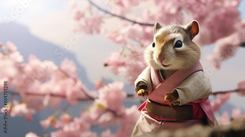 cute squirrel wearing pink hanfu with smile face blur Fuji montain, japan background. AI Generative