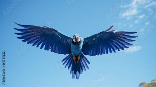 A hyacinth macaw in mid-flight, captured in 8K detail, its wings and tail feathers leaving a beautiful trail in the clear blue sky.