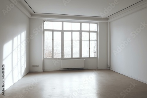 well-lit room with blank white poster  large window. Generative AI