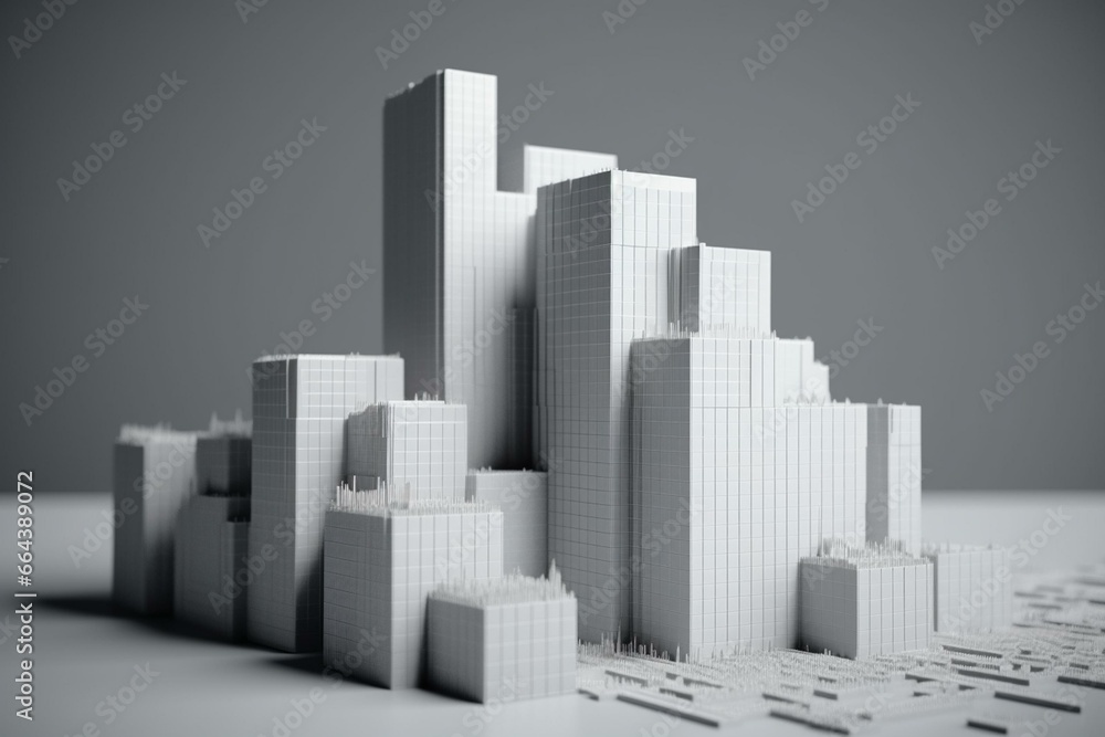 Processing statistical data with a 3D building model on a grey background. Generative AI