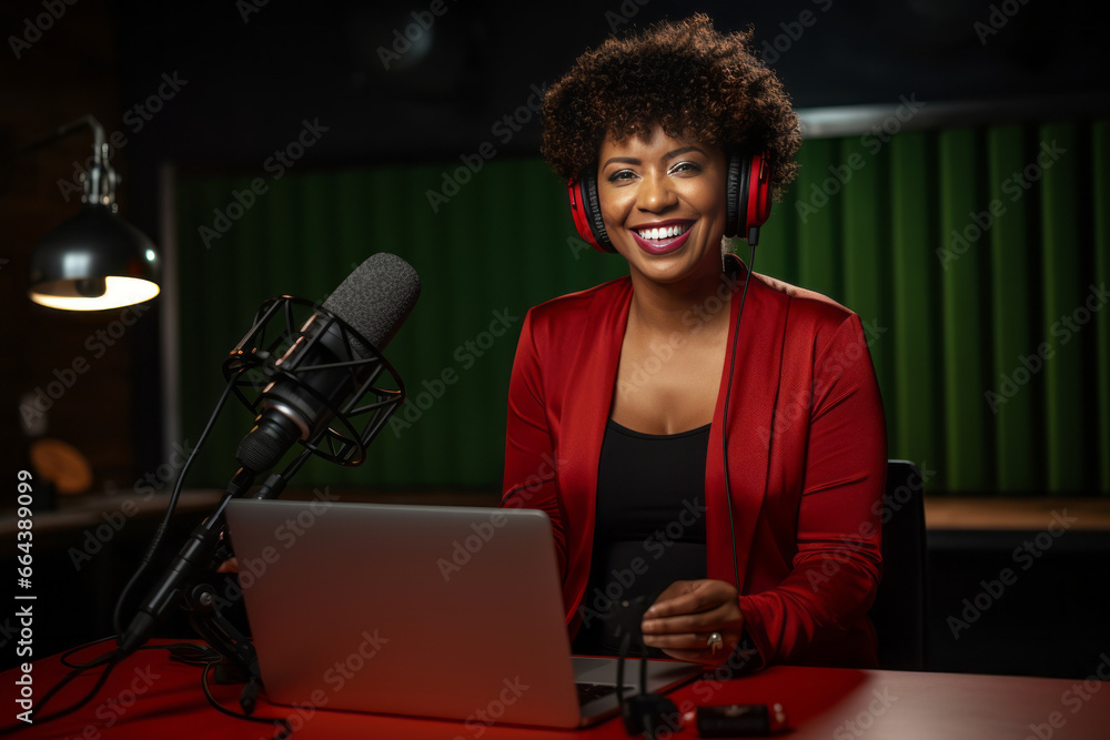 Young beautiful African American woman wearing headphones in a recording studio. Smiling black lady recording news, podcast or blog using microphone, laptop and professional studio equipment. Young beautiful African American woman wearing headphones in a recording studio. Smiling black lady recording news, podcast or blog using microphone, laptop and professional studio equipment.