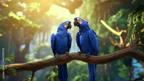 A pair of hyacinth macaws interacting with each other, perched on a branch in a dense tropical forest.