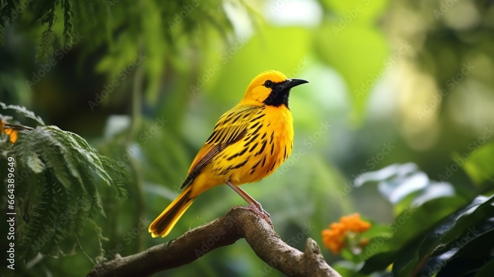 A striking yellow bird in a tropical rainforest, surrounded by lush greenery.