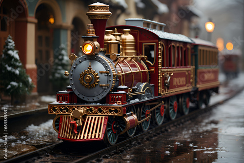 Christmas express in winter landscape. Christmas background with snowy trees.