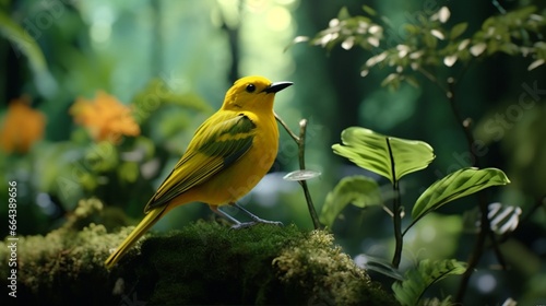A striking yellow bird in a tropical rainforest, surrounded by lush greenery.