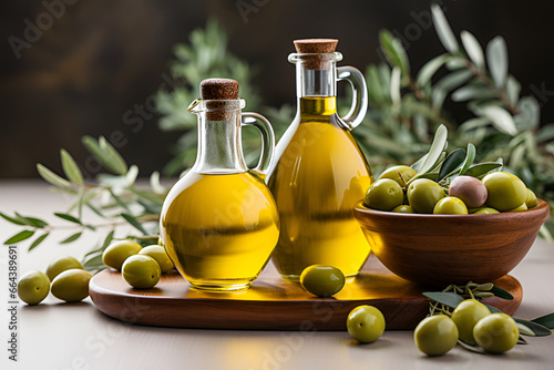 Olive oil. Bottle with olive and natural oil. Copy space