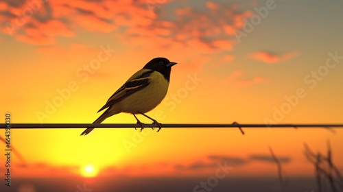 A yellow and black songbird singing on a wire against a gradient sunset sky.