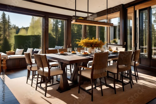 sunlit dining space with an inviting fireplace and seamless access to an outdoor deck.  © Elegant Design & Art